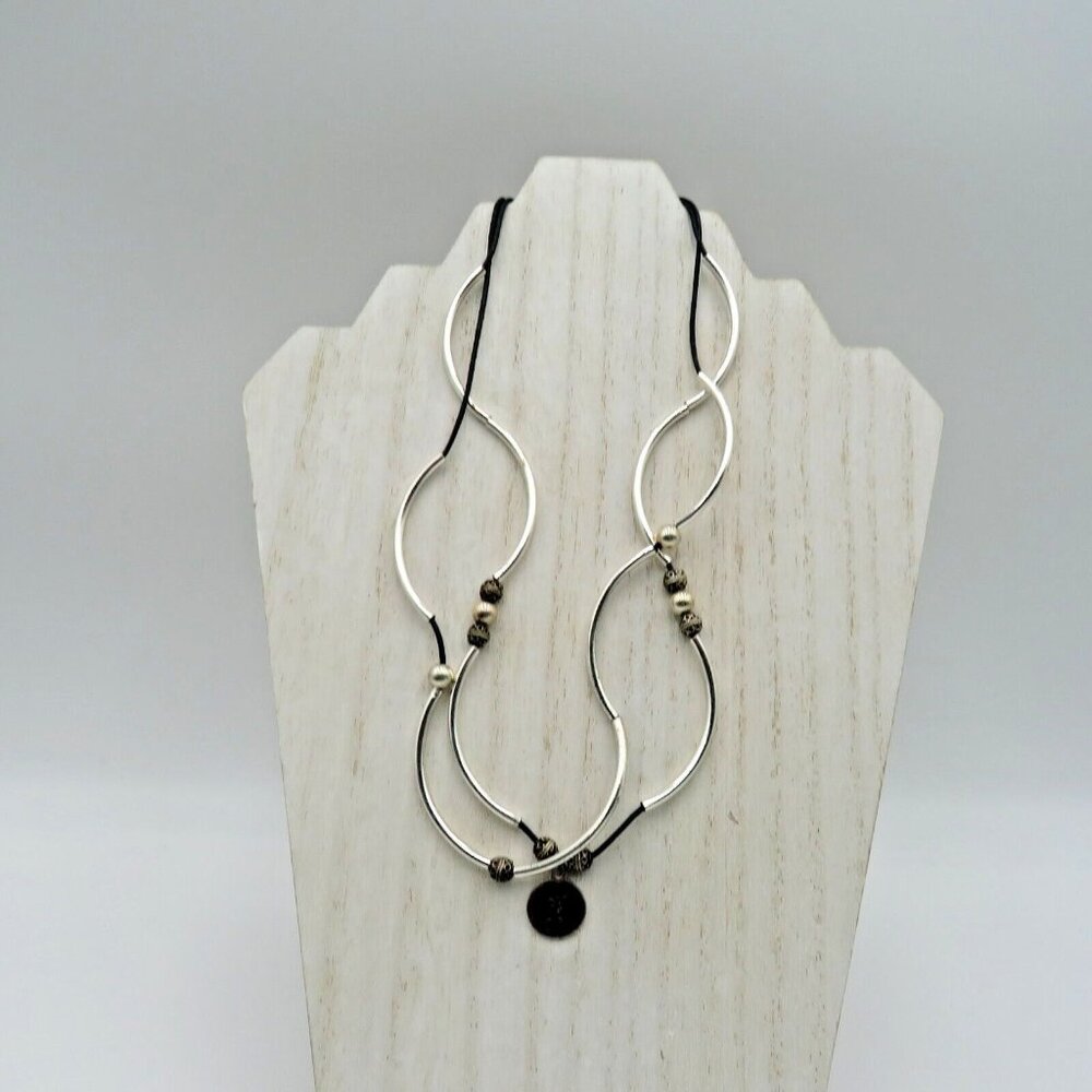 Lizzy James Necklace Tree‎ of Life Multi Strand Silver Tone Beads Black Cord